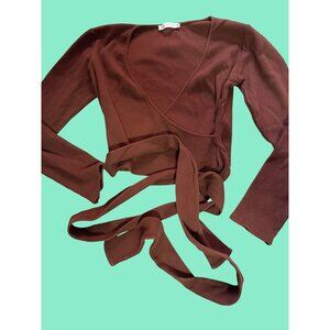 Zara Brown Ribbed Wrap Top With Long Sleeves & Tie Waist Womens Size S